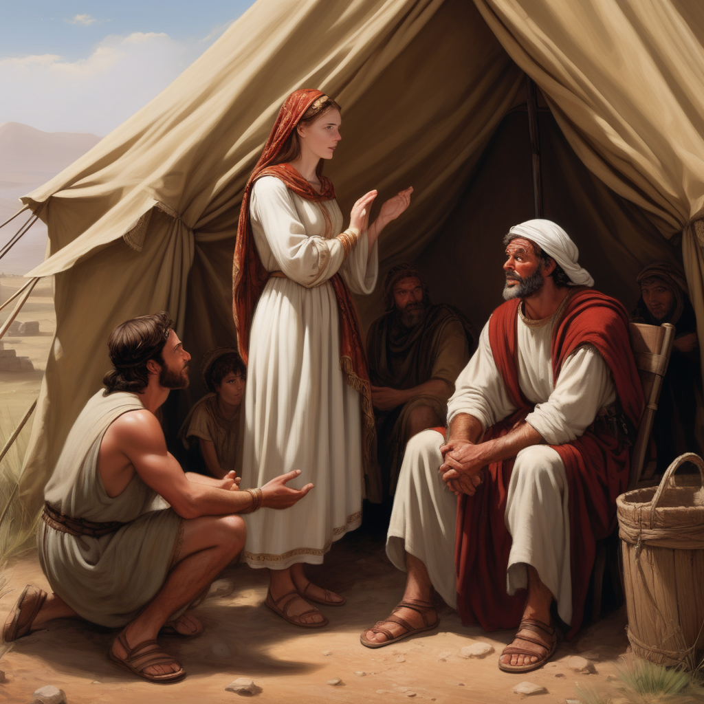 רבקה מאזינה לשיחת יצחק ועשיו שאומר לו שהוא יעניק לו את הברכות לאחר שיחזור מהצייד
רבקה אשת יצחק מאזינה לשיחתם כאשר הם בתוך האוהל והיא מאזינה במחוץ