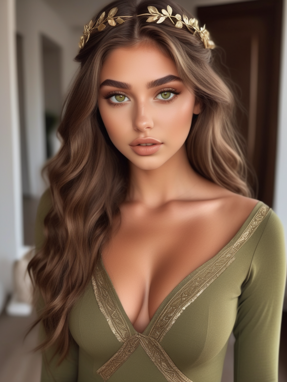 a very beautiful greek goddess warm brown hair half up heart shaped face olive green eyes wearing a tight longsleeve dress