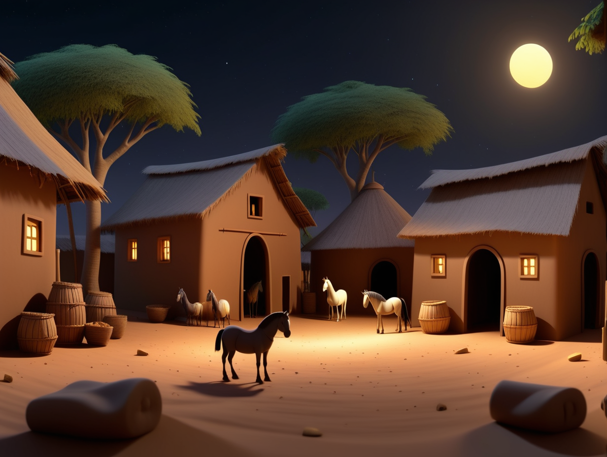 biblical Panoramic scene African village with a stable