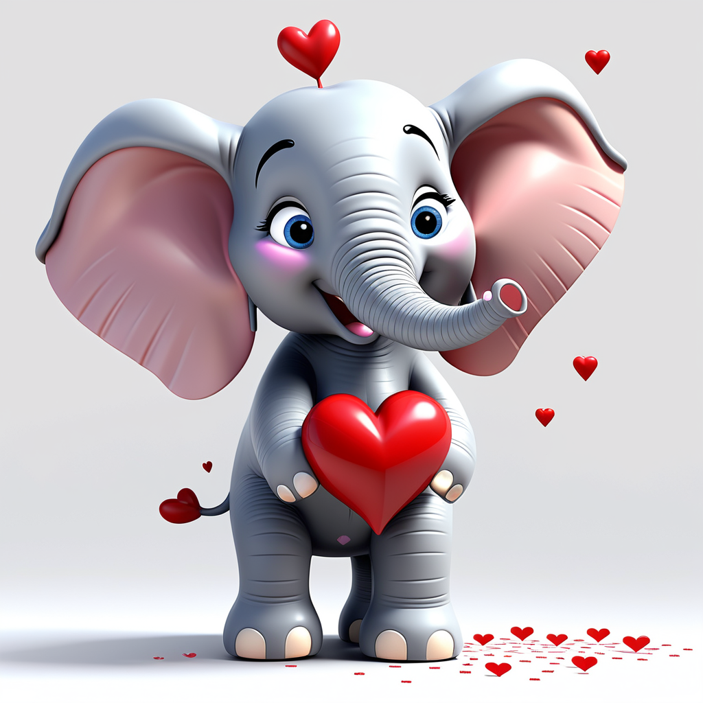 "Sweet Pixar 3D Valentine's Elephant" - Imagine an endearing Pixar 3D elephant with heart-shaped ears, playfully spraying love with a trunk, set against a clean white backdrop. Ideal for conveying affection. --v 5 --stylize 1000