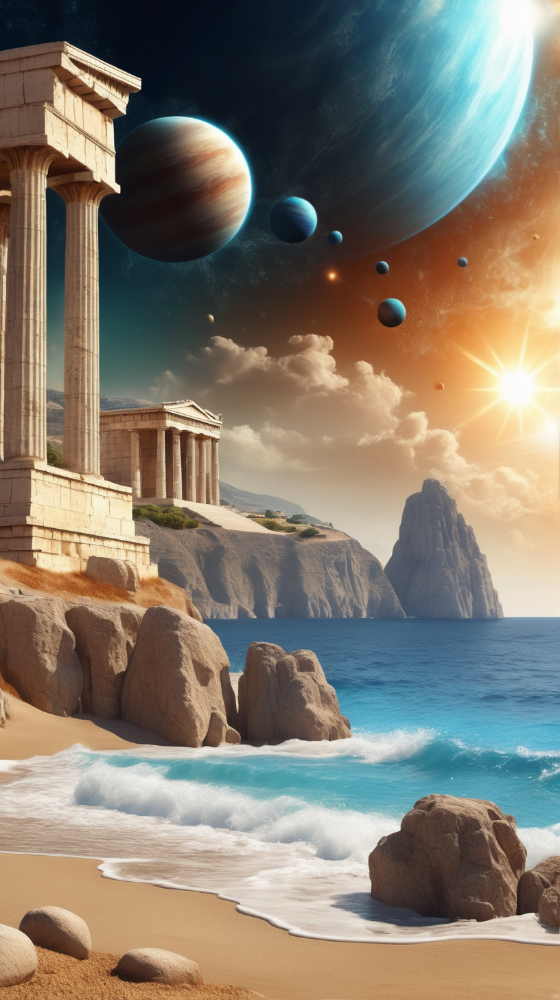 Fantasy Beach, greeks temples on the background, planets on the sky
