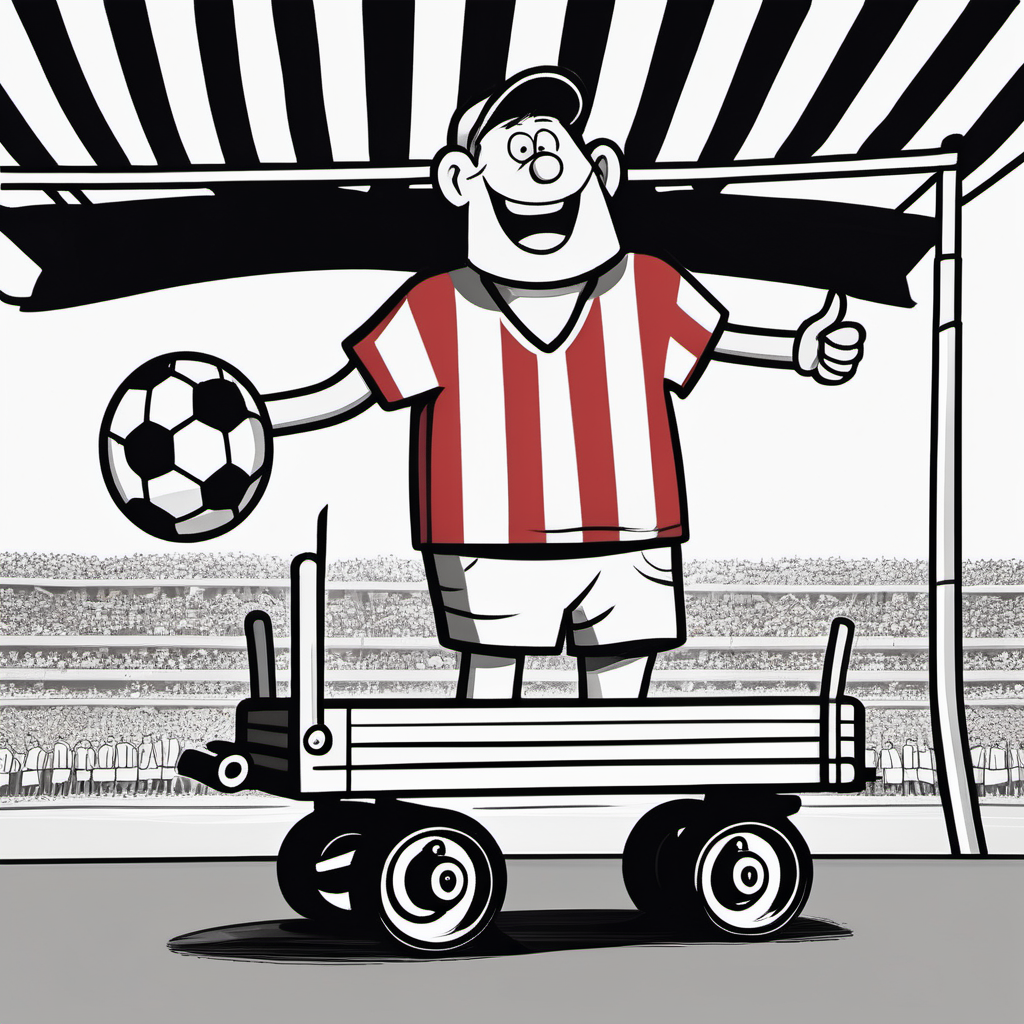 A football fan in a red and white striped shirt celebrating the championship on a wagon with a flat cargo platform (cartoon style and the background in black and white)