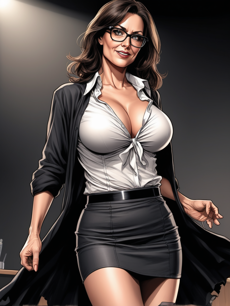 Beautiful, mature, brunette woman, teacher, glasses, [ripped open] shirt, breasts exposed, seductive [Detailed comic book art style], birthday , on stage [flowy black skirt]