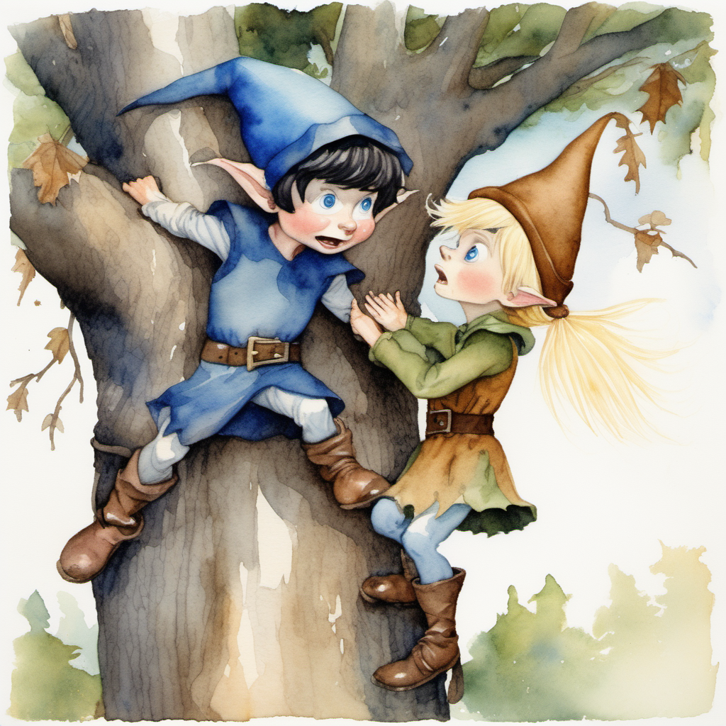  A watercolor painting of a frightened young dark haired pixie with blue eyes wearing an acorn hat being pulled out of a tree by a middle-aged blond male elf