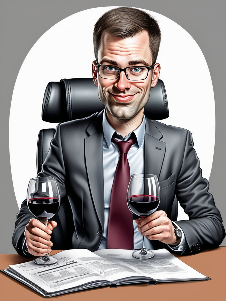 Caricature with a man  30 years old that is accountant, he likes to read and to drive his bmw. He drinks wine and he is working at expert mind. Put expert mind behind him and make an office
