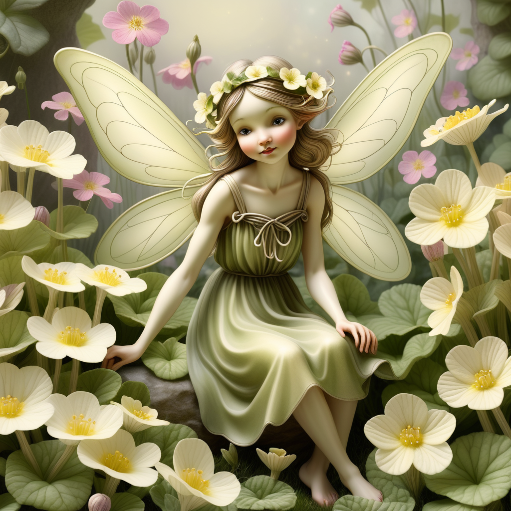  Illustrate a delicate fairy amidst a cluster of primroses, embodying the whimsical and detailed essence reminiscent of Cicely Mary Barker's enchanting floral fairies.