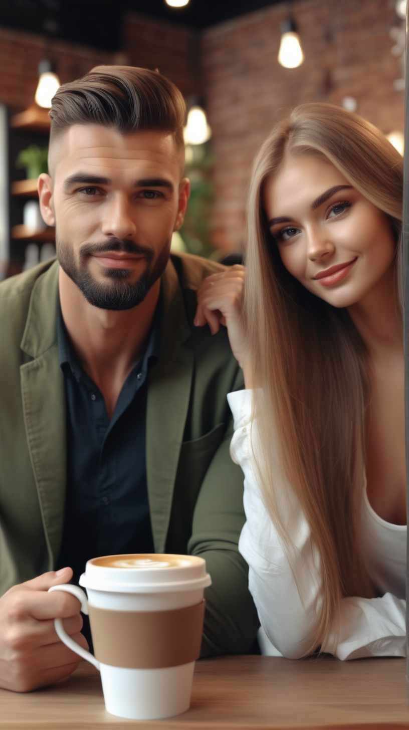 handsome man and beautiful woman in a coffee
