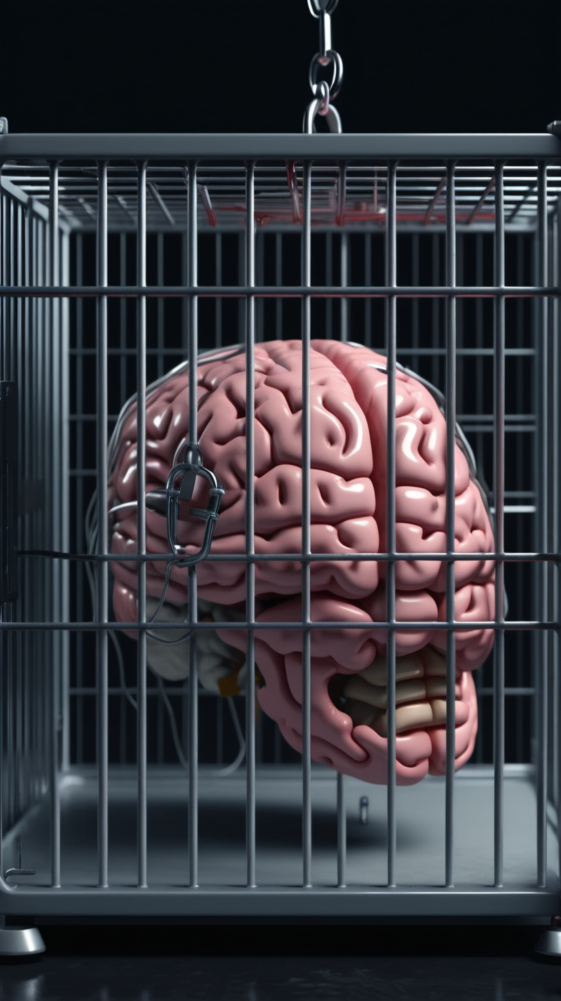 tired brain in a cage being locked away