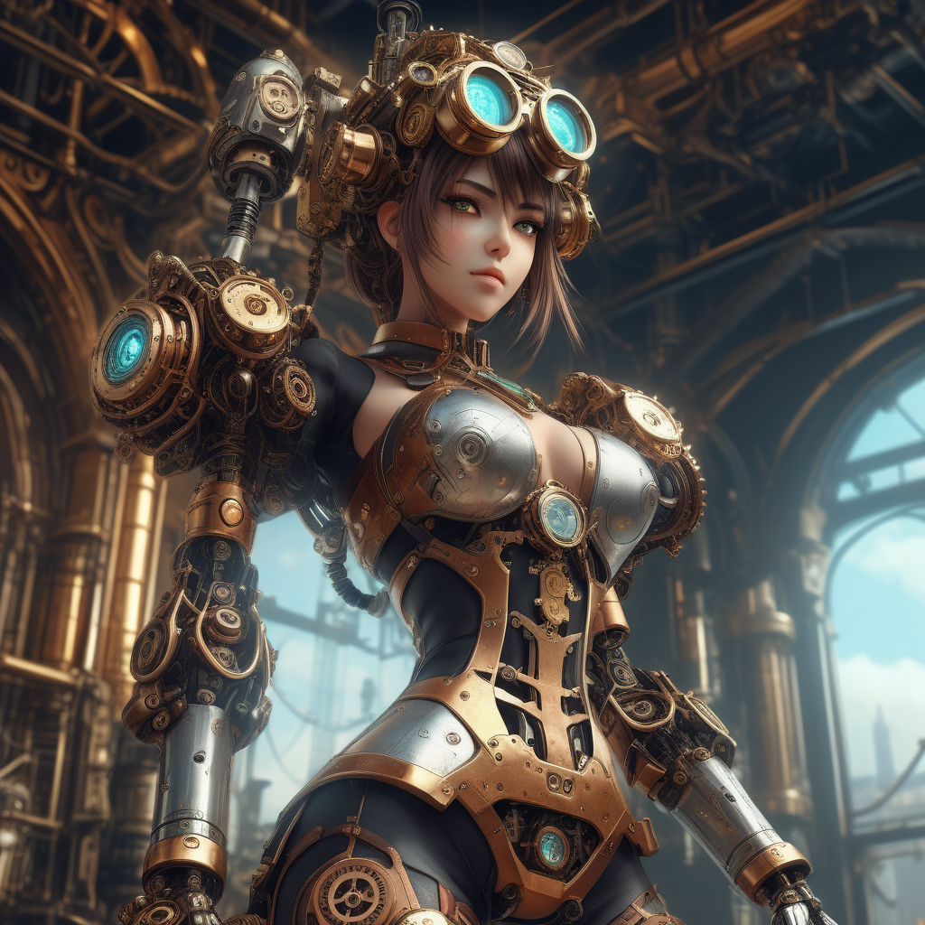 (steampunk atmosphere, a stunning girl with a mecha musume aesthetic, adorned in intricate cyber gogle, )  fractal, 32k UHD high resolution, highres, professional photography, intricate details, masterpiece, perfect anatomy, cinematic angle , cinematic lighting, (dynamic warrior pose:1)