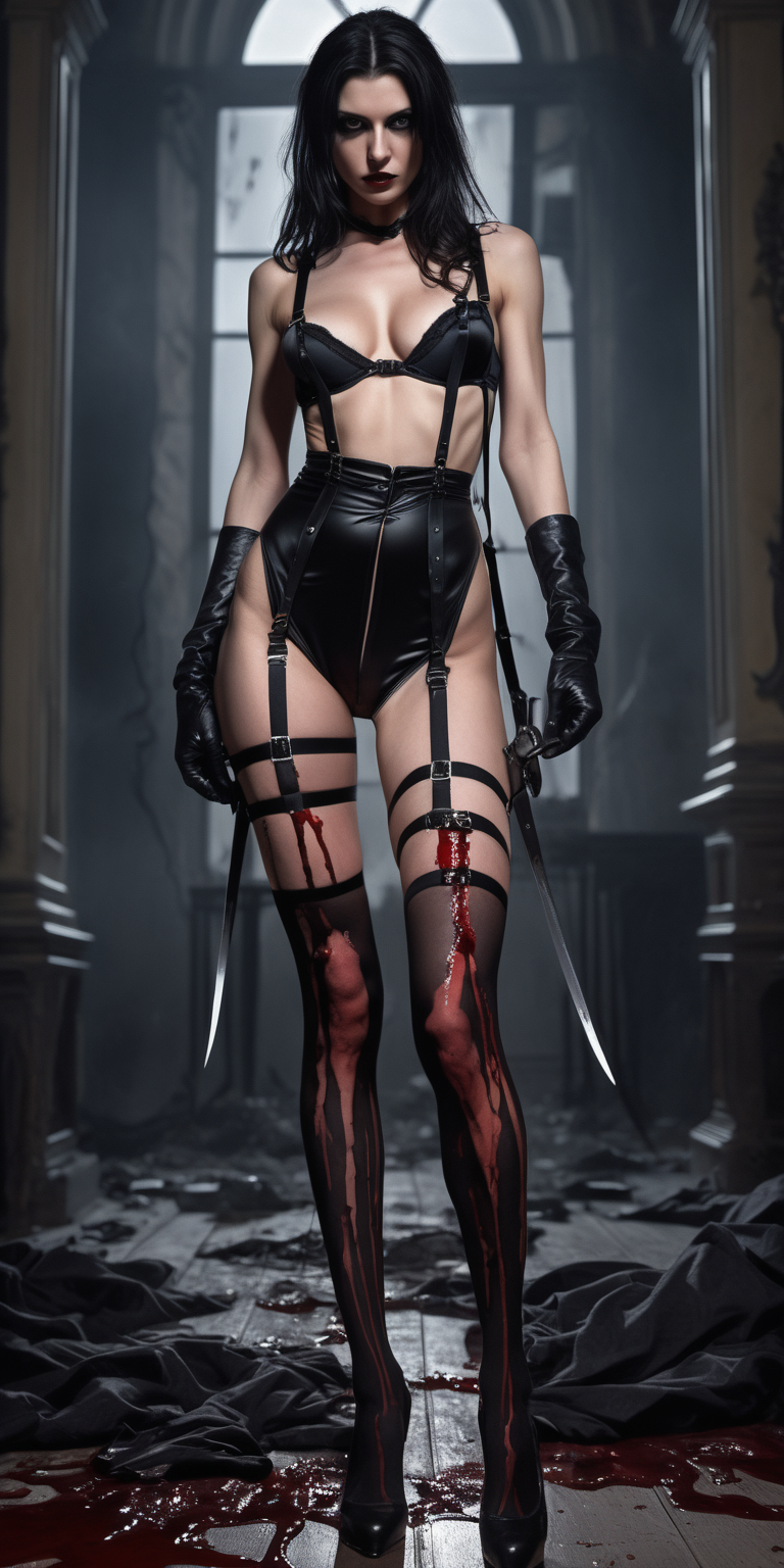 妩媚妖娆的法国女刺客穿着超长款黑色吊带丝袜，她穿着色情性感的黑色情趣内衣，腿上有一些肌肉线条，整条腿都在图片里，地上有一些尸体的血