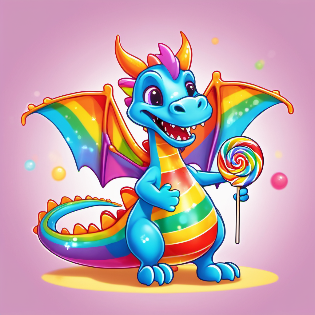  in cartoon storybook fairytale style, a full body image of a  very friendly lollipop dragon named Sparkle with a rainbow colored tail similar to CandyLand