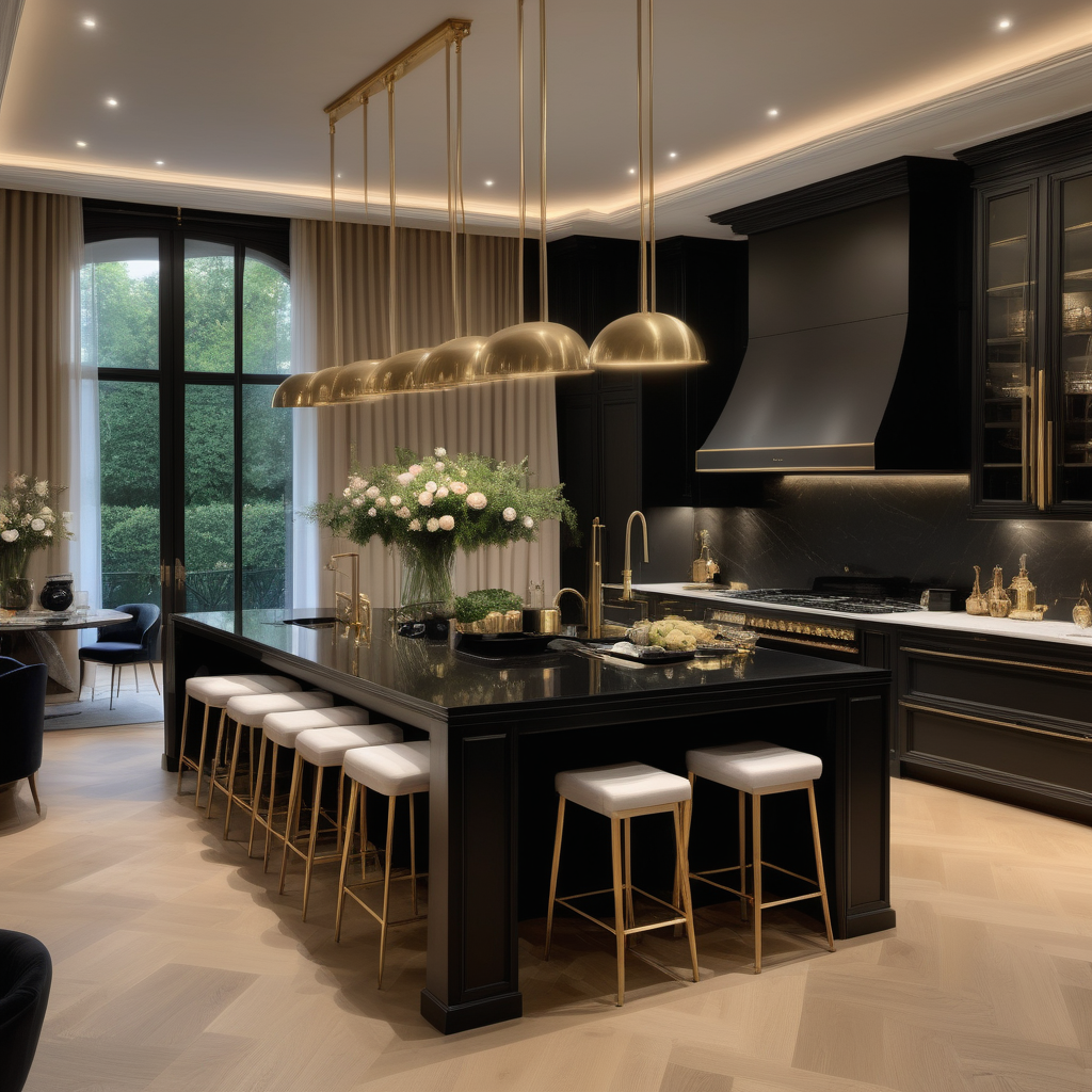 hyperrealistic of an elegant, paltial modern Parisian kitchen with large double island at night; oak flooring; floor to ceiling windows with a view of the sprawling lush gardens; curtains; mood lighting; beige, oak, brass and black colour palette; mostly beige; modern brass pendant light; 
