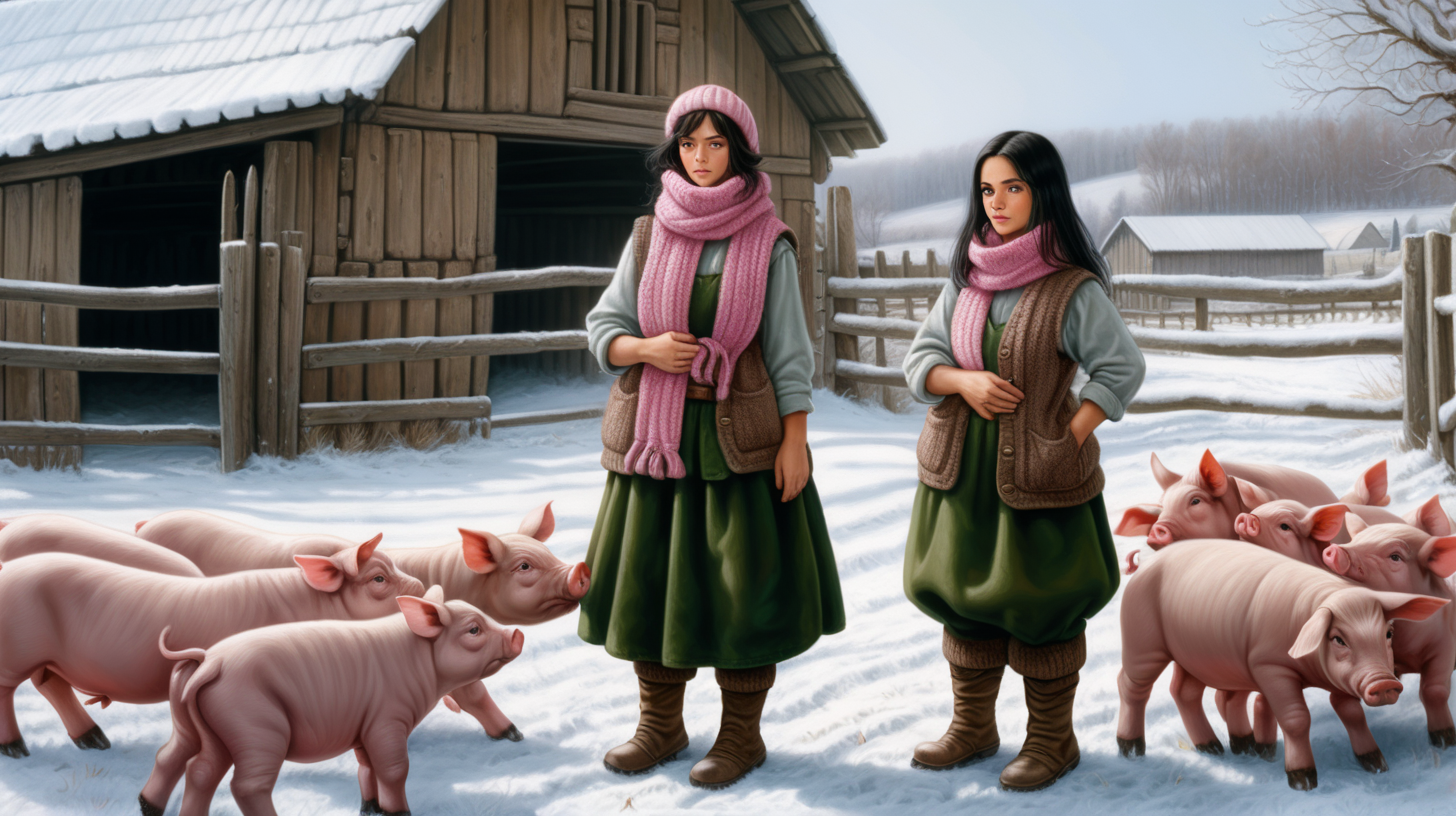 A beautiful peasant woman with long black hair and green eyes works in the pen in front of the barn. Around her are piglets - small and pink. Everything is in mud. The barn is surrounded by a fence of old wooden posts and wire mesh. It's winter, everything is covered with a thick layer of snow. Mud and snow mix. The peasant woman has put on low to the ankle rubber boots on her feet. Brown coarsely knitted woolen socks stick out from them - up to the middle of the leg and. On top of them, to keep her warm, she has put on green - brown, very wrinkled and crumpled woolen knitted gaiters. It is worn with thick elastic leggings, over it there is a shotr knitted skirt in black and brown. A chunky brown-gray wool sweater with a chin-high collar is snug around her. over it she wore an off-white furry sleeveless sweater with a triangle neckline. Above all this is a short  quilted waistcoat in green which is unbuttoned. On his head he wears a thick knitted woolen gray hat - an ushanka. He also has a thick scarf sloppily draped around his neck. He also wears gray knitted woolen fingerless gloves. across the waist, a thin hemp rope is wrapped 2-3 times, which he uses for a belt.