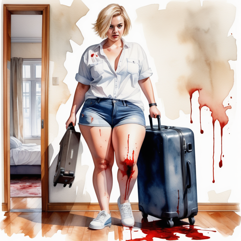 sexy curvy blonde woman, short hair, wide hips and big ass, white shirt, denim shorts and sneakers on her feet, with a knife in her blood-stained hand, stepping on top of a large suitcase on the floor of a living room in a house., image based in watercolor paint.