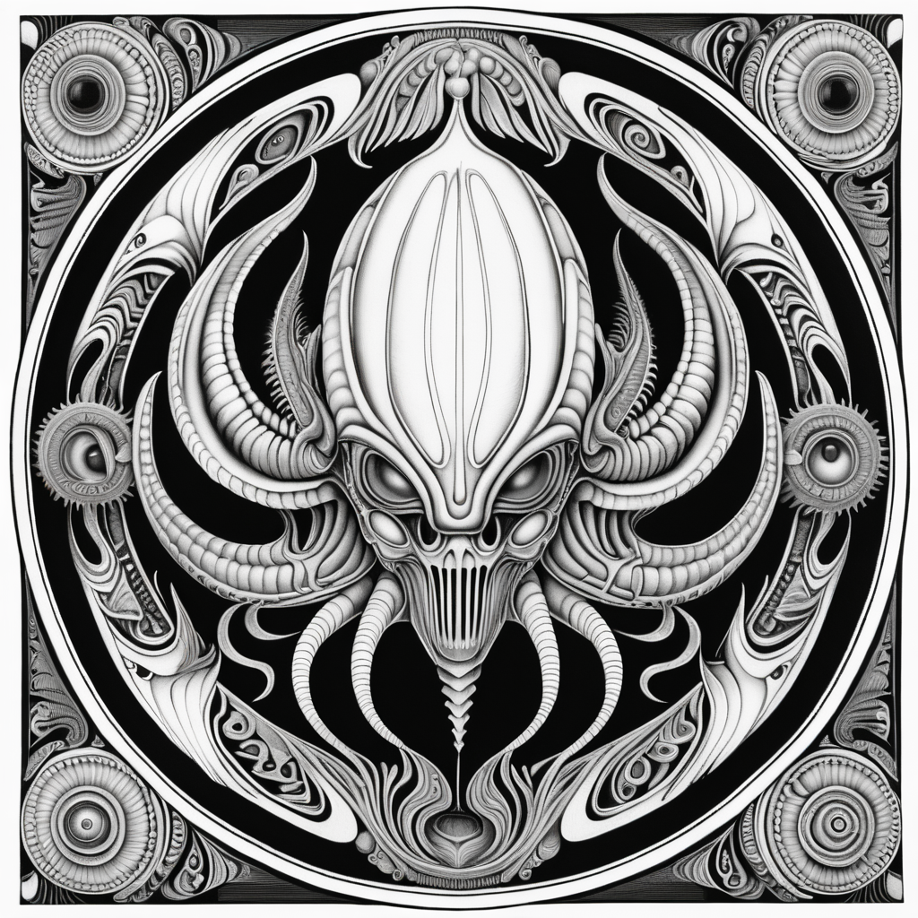 black & white, coloring page, high details, symmetrical mandala, strong lines, alien peach fruit with many eyes in style of H.R Giger