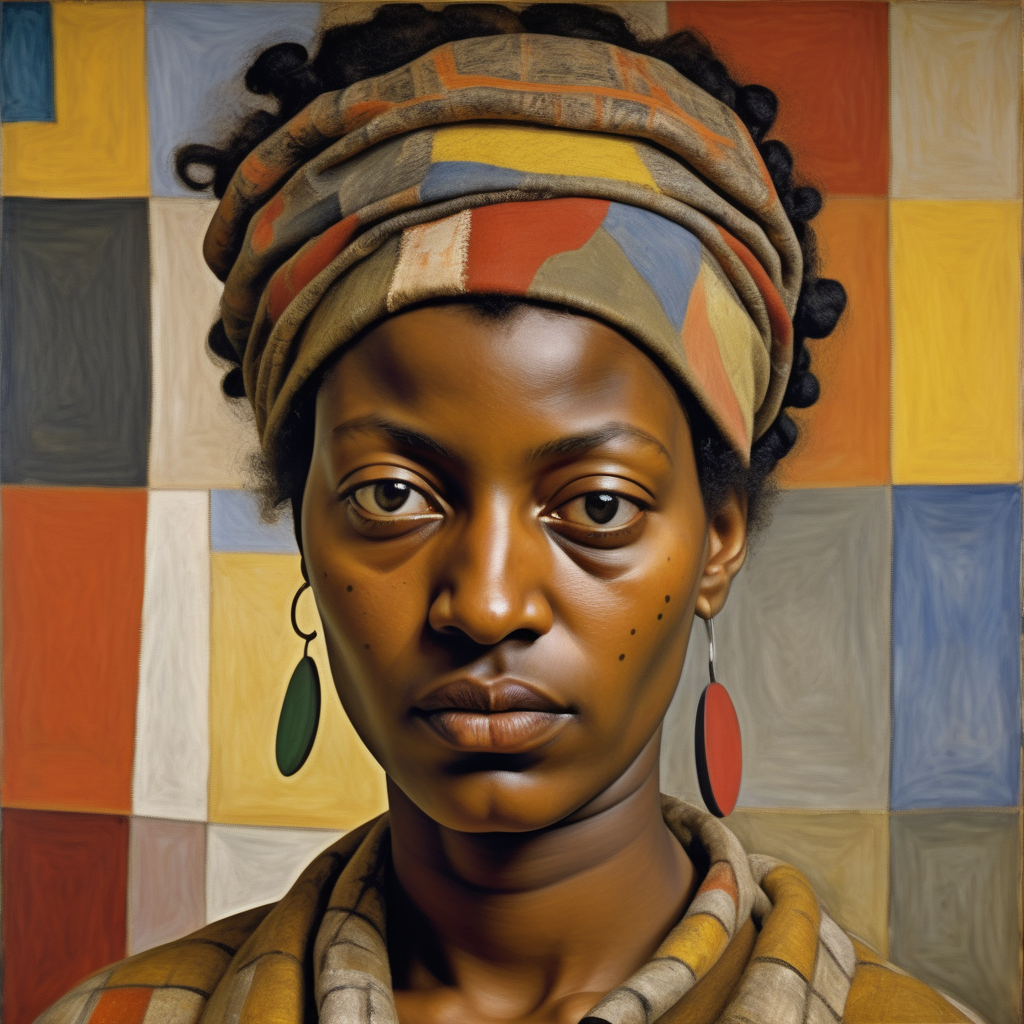 one beautiful African woman close up by painter Lucian Freud. in front of an abstract background with lots of vibrant symbols by Paul Klee. all clothes with vibrant abstract images and patternsby Paul Klee, atmosphere is Caravaggios chiaroscuro --stylize 50 --v 5.2