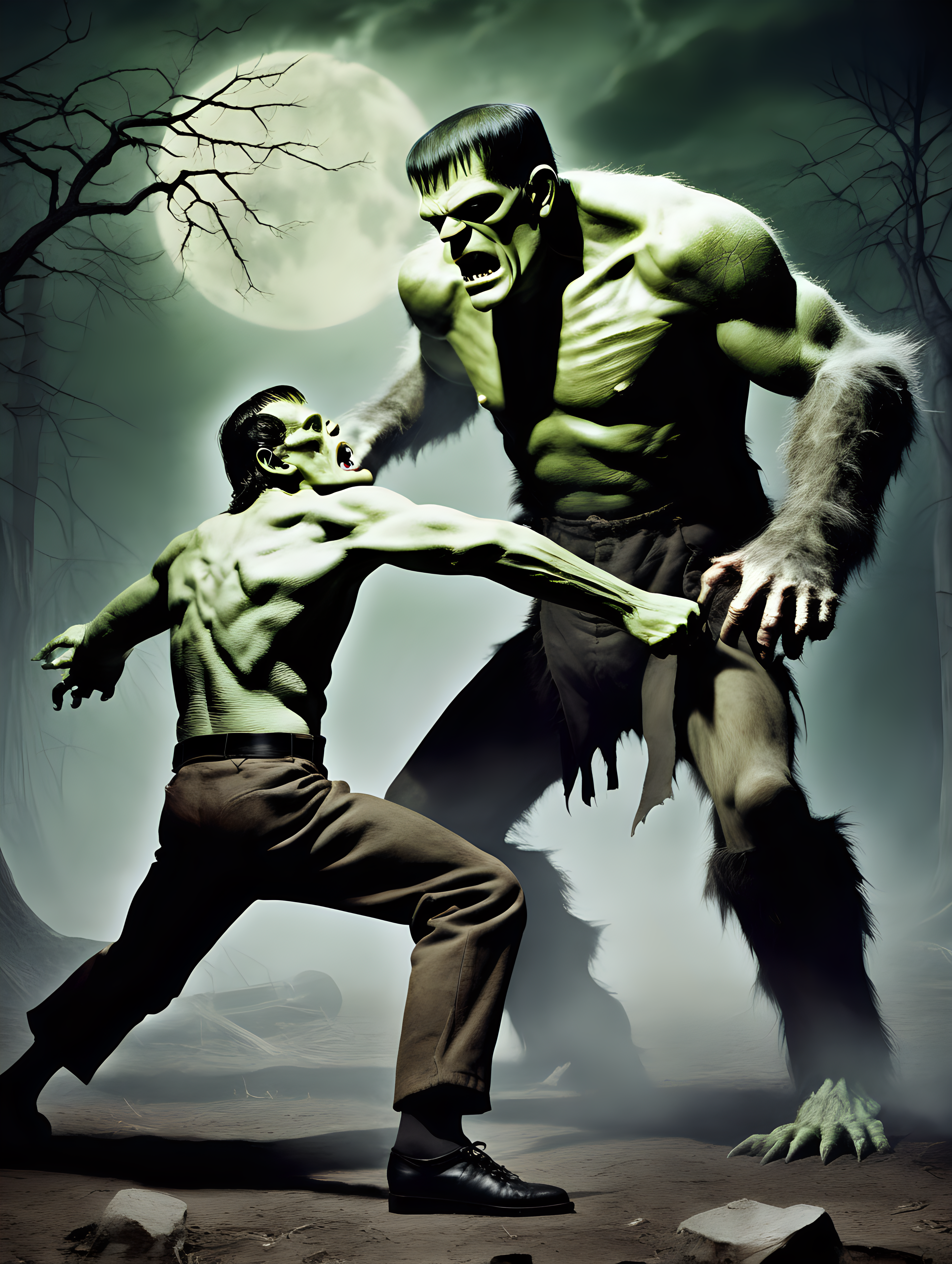 Frankenstein fighting the wolfman
