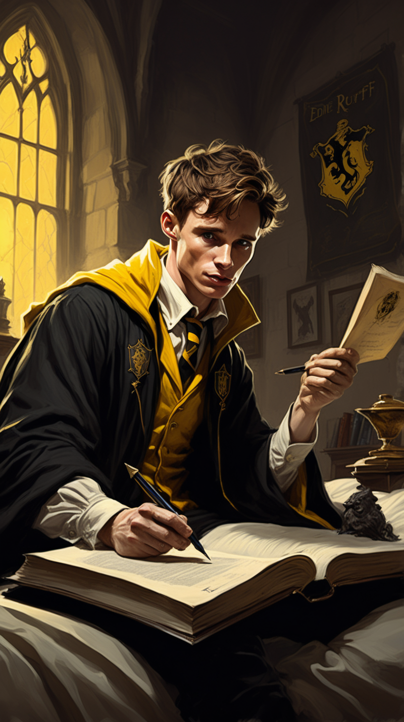 Create a dark fantasy art illustration,  frank frazetta style, of Eddie Redmayne, as a Hogwwarts Hufflepuff student studying on bed