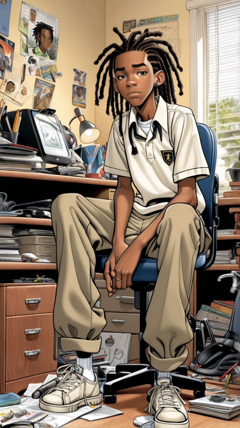 
comic-style 16-year-old black Jamaican teen boy who is tall with short dreadlocks wearing a khaki-colored school uniform with long khaki pants sitting around his desk in his messy bedroom 
