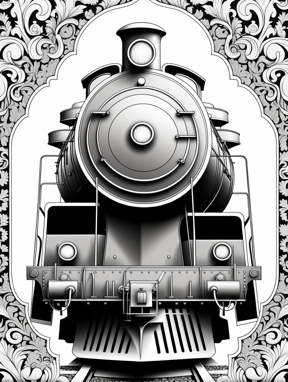 no shading, locomotive, damask Motif Pattern outlined, outline drawing, unfilled patterns, black and white, coloring book page,  clean line art, line art, no shading, clear edges, coloring book, black and white, no color, line work for coloring