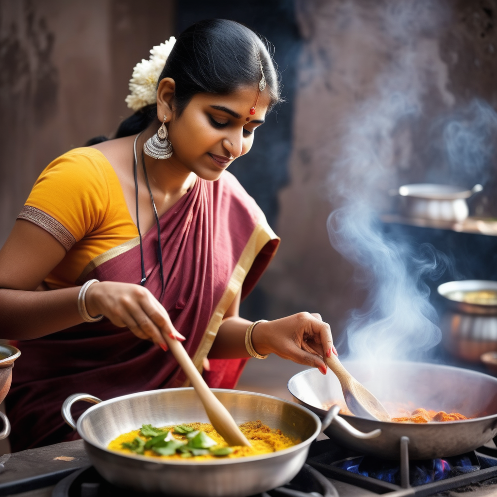 Indian women cooking dishes with hot aroma