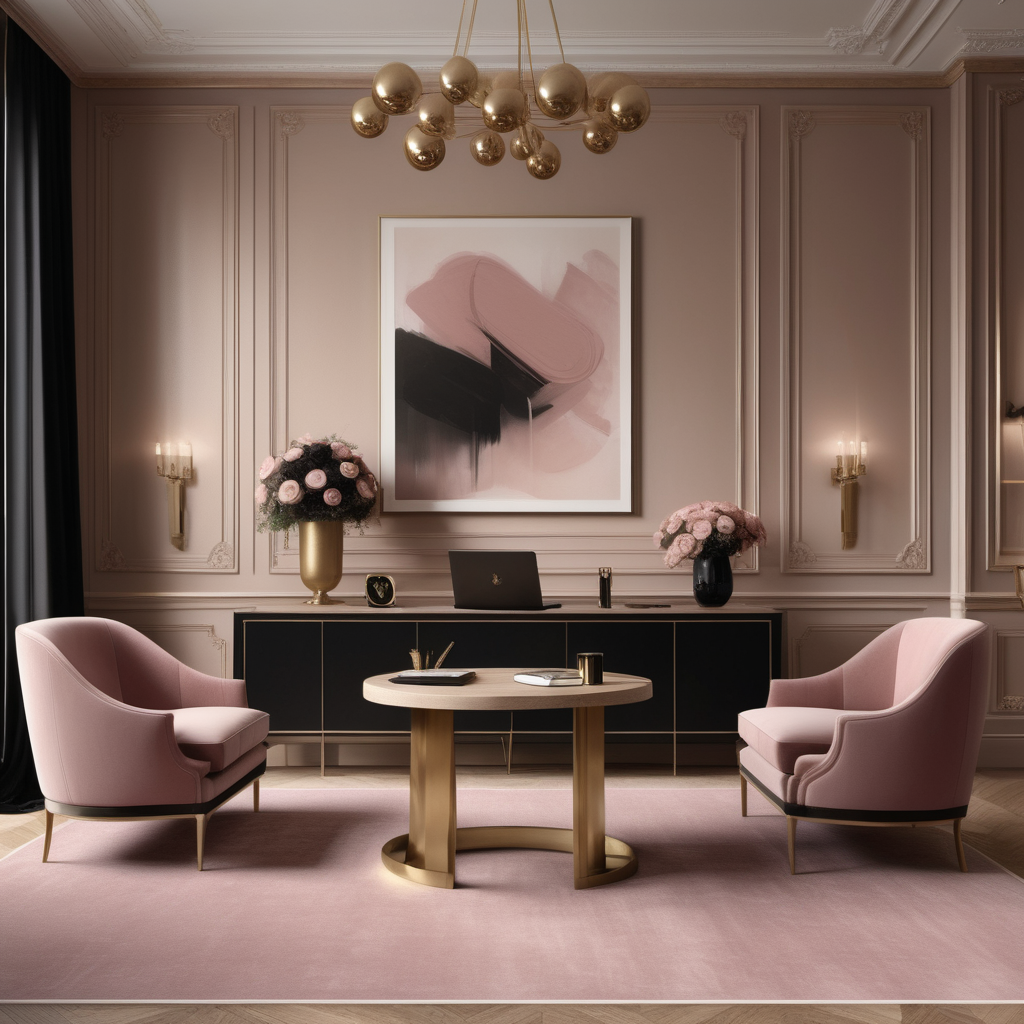 A hyperrealistic image of a luxurious modern Parisian lawyers firm in a beige oak brass colour palette with accents of black and dusty rose