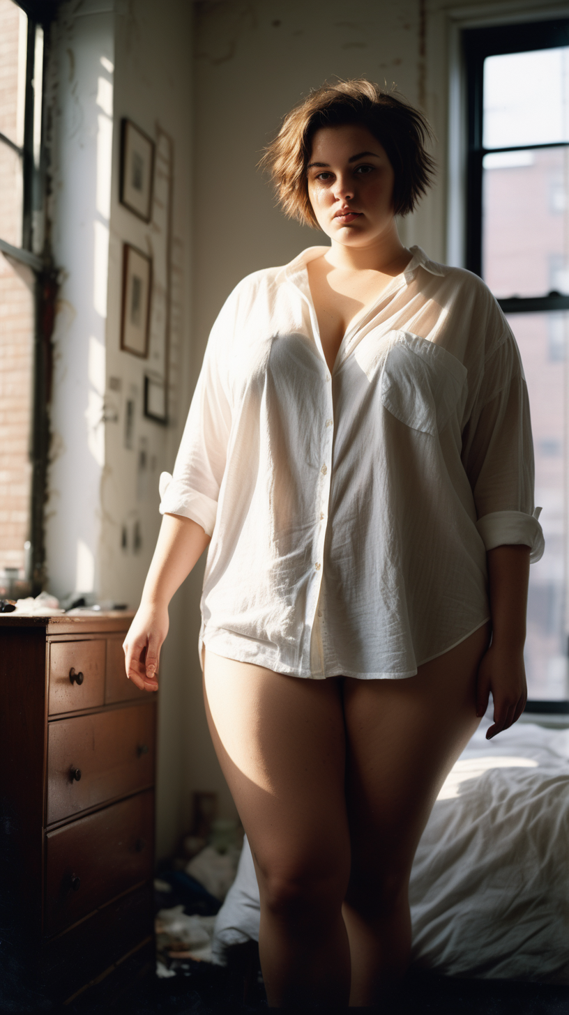 A full-figured slim woman in her twenties with a short haircut wearing a white oversized shirt, sexy boudoir,  in her small messy run-down Brooklyn bedroom with art all over the walls in the morning, delicate hands, detailed hands, photorealistic, gravure, AV, pro photography, slide film, photo book, window light, full body shot, soft body, window light, thighs visible, film grain, 35mm, stretch marks
