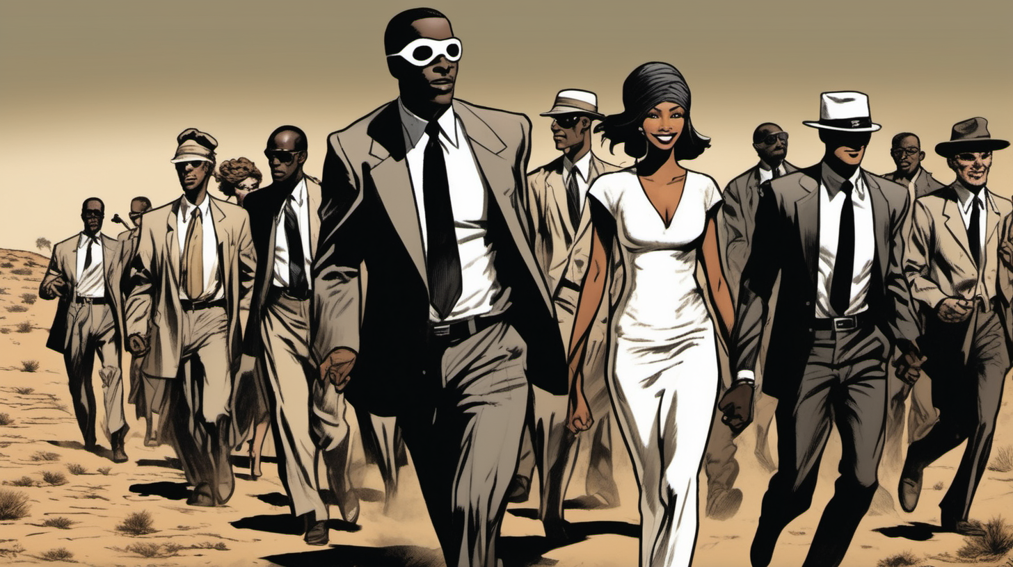 a blindfolded black man with a smile leading a group of gorgeous and ethereal white and black mixed men & women with earthy skin, walking in a desert with his colleagues, in full American suit, followed by a group of people in the art style of Ed Emshwiller comic book drawing, illustration, rule of thirds