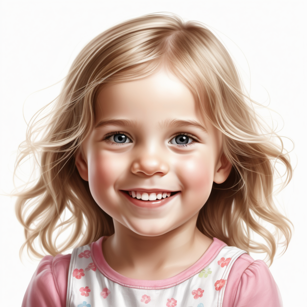 Bílé pozadí_Vytvoř realistickou tvář_ilustraci _tří letý holka_úsměv_ evropan_světlejší vlasy