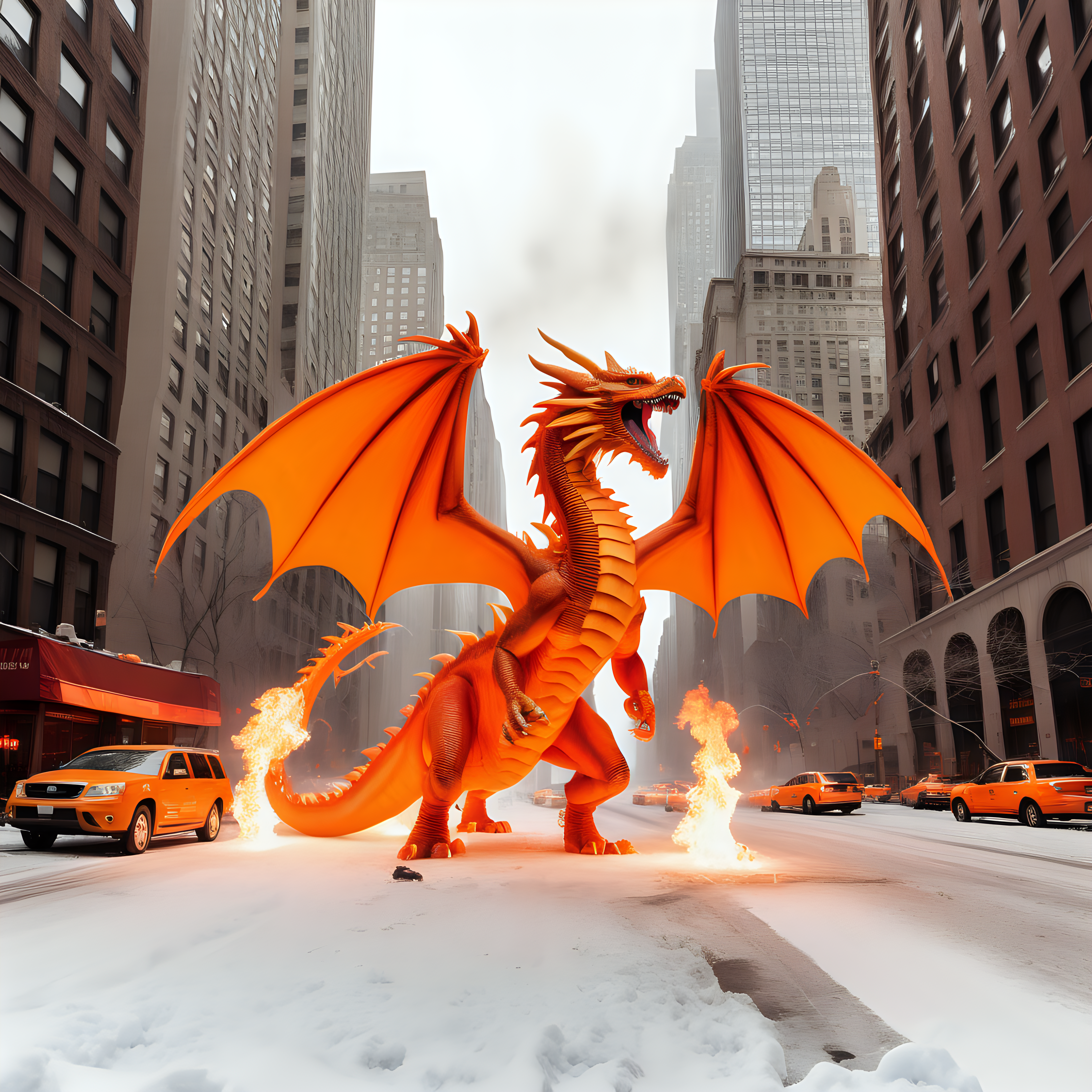 orange 2 headed fire breathing dragon destroying NYC