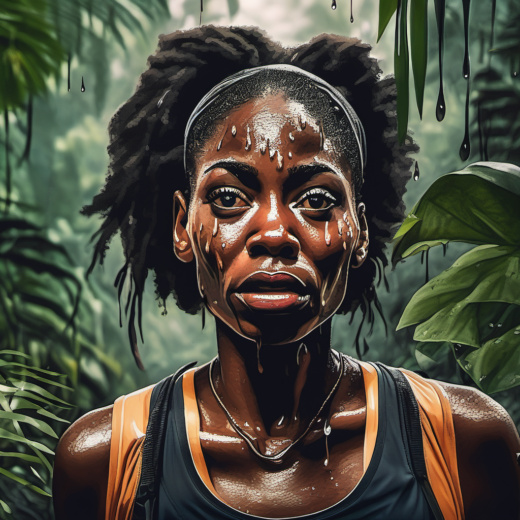 A black American lady on a marathon in middle of a jungle with tears dripping her yes 