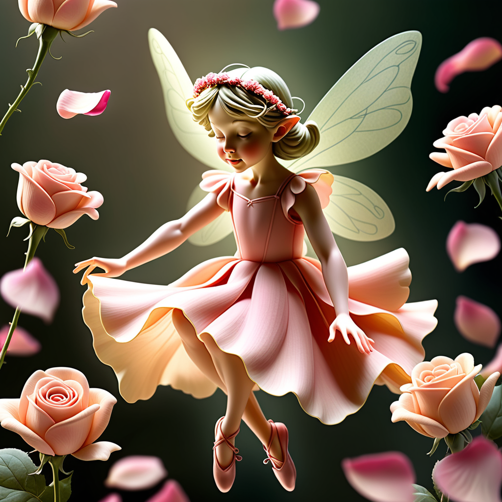 Create a flower fairy delicately pirouetting on rose