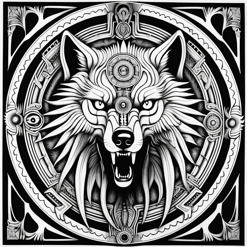 black & white, coloring page, high details, symmetrical mandala, strong lines, wolf beast with many eyes in style of H.R Giger