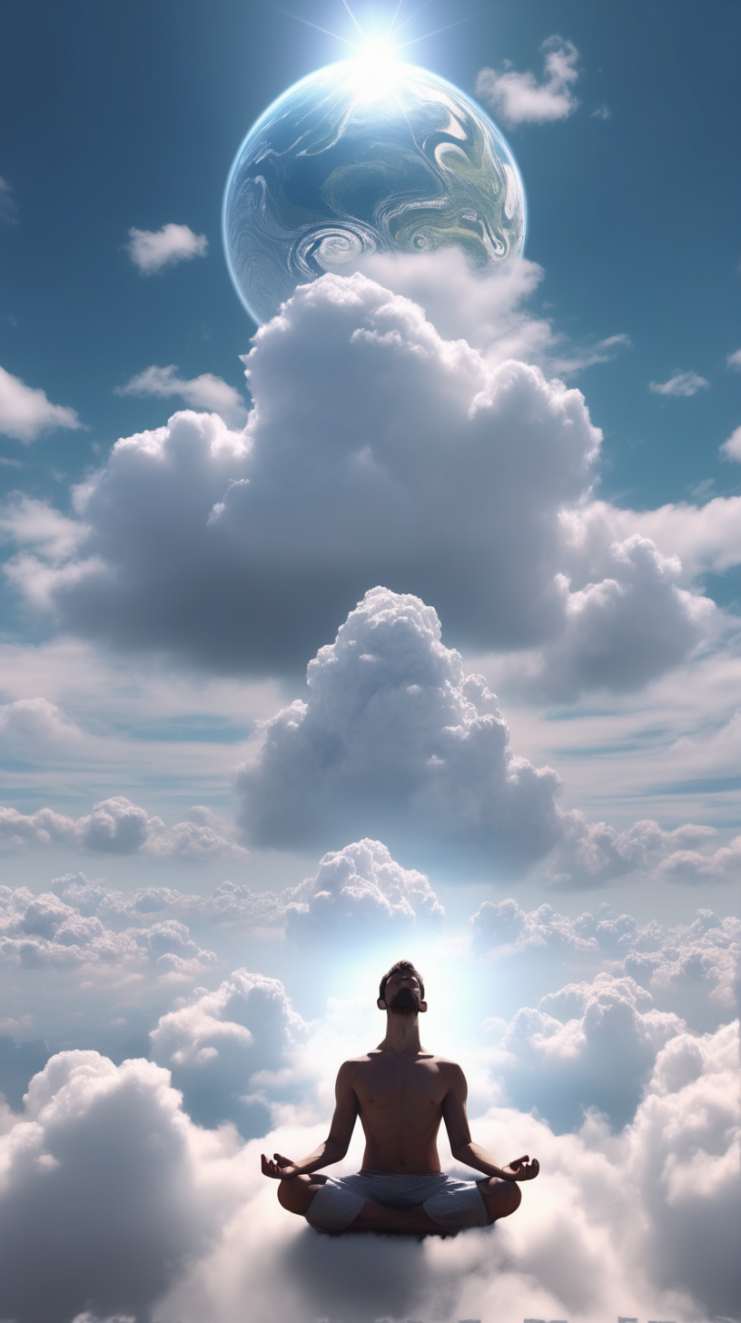 man in the sky meditating with the clouds 4k