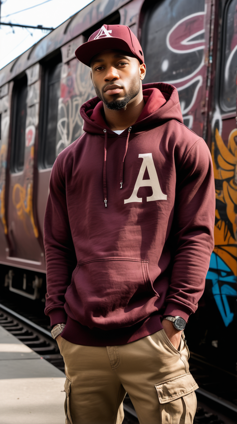 Attractive Black man, thirties, slim build, auburn, low haircut, wearing a burgundy hoodie, and khaki, BDU hat with the letter A on the side, and an egyptian phoenix printed, on the back of the hoody, wering dark brown denim, standing in front of a grafitti covered train, in Brooklyn NY