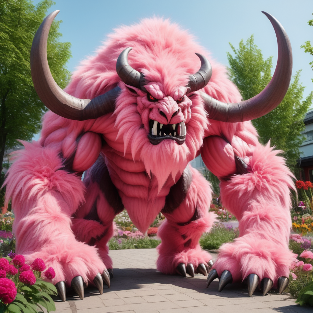 massive giant muscular pink furry quadrupedal horned animal monster, claws, tusks, flower garden, day