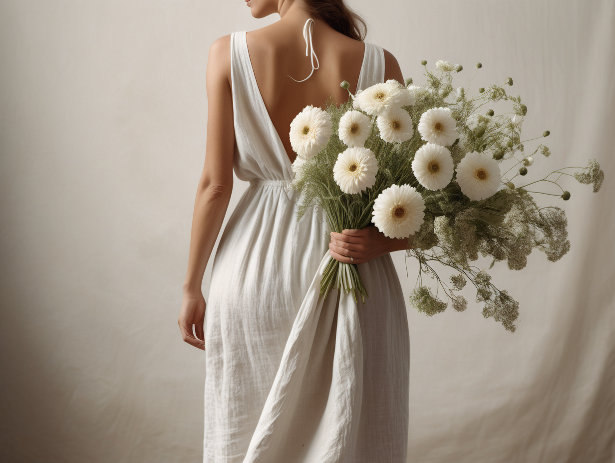 light airy style realistic image of woman in an organic, linen white dress from behind holding a huge bunch of flowers. Image of waist up only