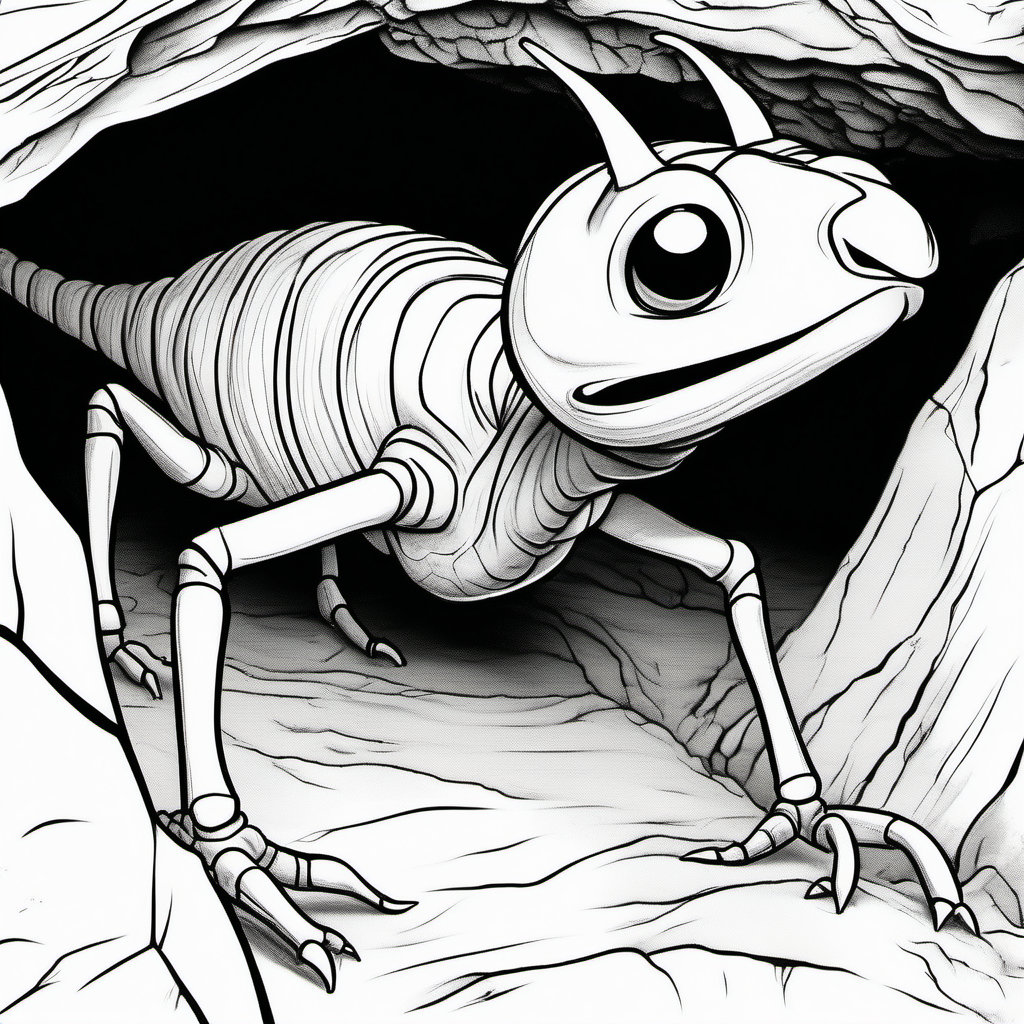 dinosaur ant, in cave., dark lines, no shading, coloring pages