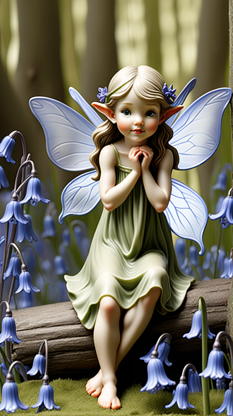 Create a fairy nestled among bluebells embodying the