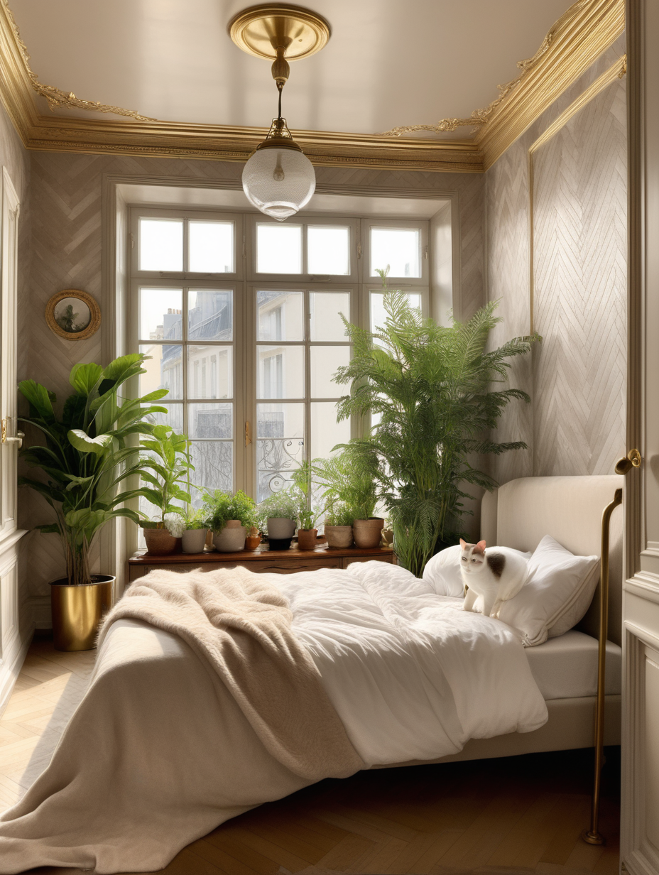 paris interior bedroom with window on left,  front render on bed, 
light French herringbone parquet, plants in brass pots, brass vintage handles on the window, white cat on velvet cappucino bed, cape may cobblestone color of walls and ceiling