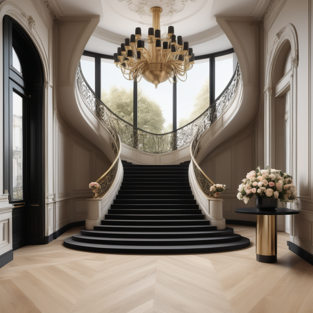 a hyperrealistic image of a grand modern Parisian entrance foyer with curved staircase; floor to ceiling windows; beige, oak, brass and black colour palette; Oak floor; large bouquet of flowers; runner