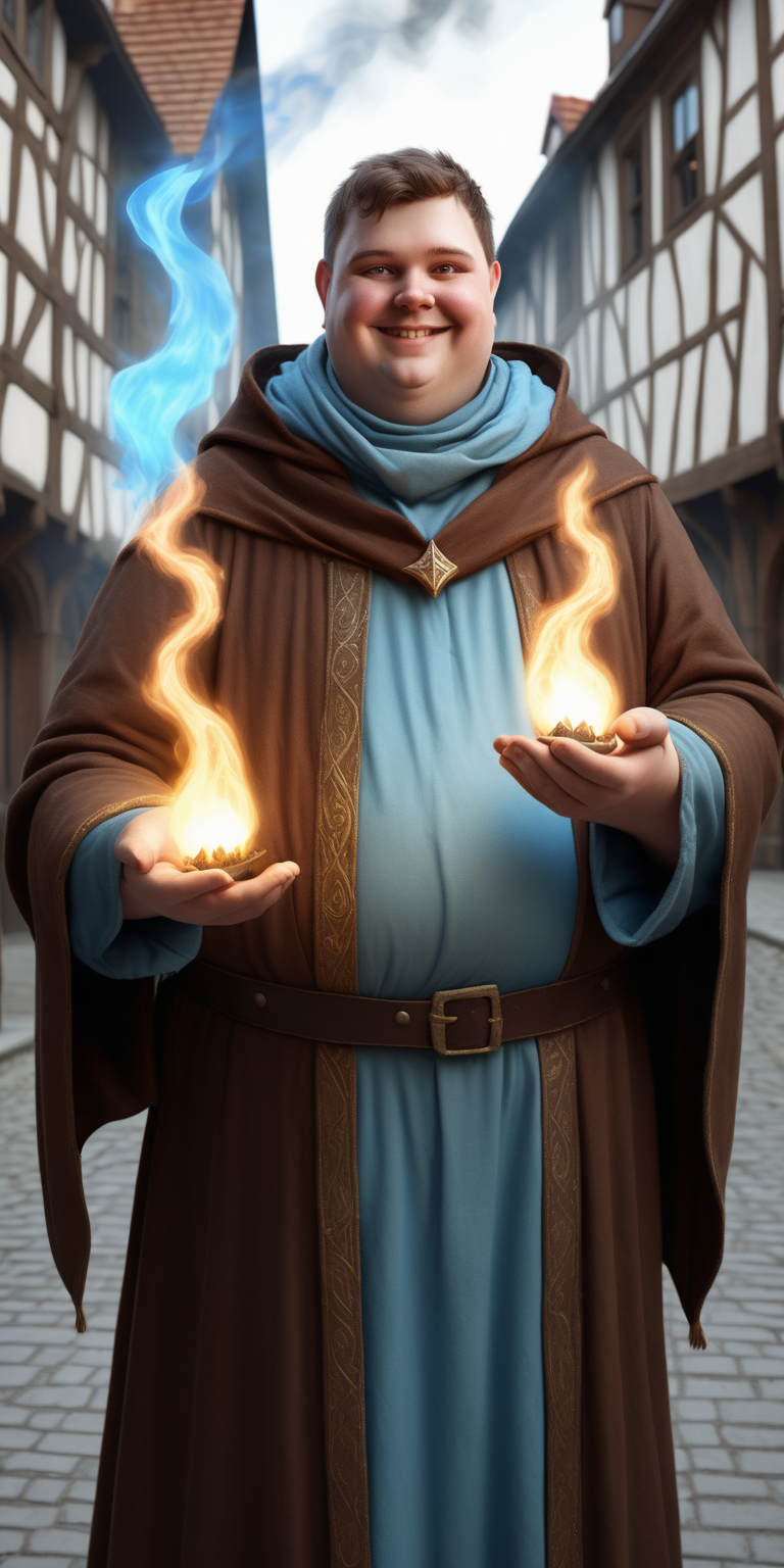 realistic medieval fat short brown haired shaven happy wizard with light blue fire in his hand in town