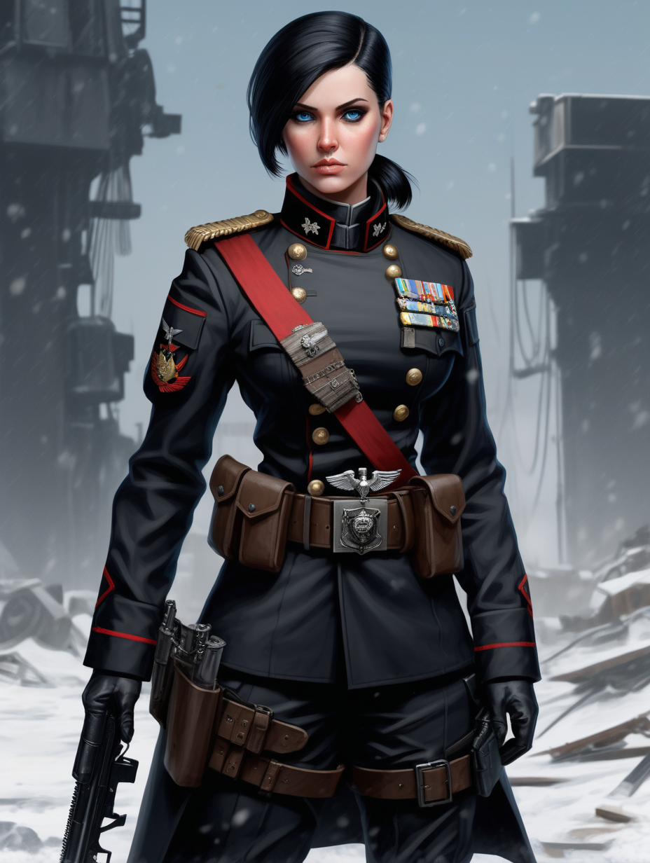 Warhammer 40K young Commissar woman. She has an hourglass shape. She has a calm facial expression. She has raven black hair. She has a very short hair style similar to what Zofia, from Rainbow Six Siege, has. Dark black uniform styled like the United States Marine Corp dress uniform. She has icy blue eyes. Dark brown belt has a lot of dark brown pouches, grenades, black pistol magazines, and a black holster attached. Bandolier around waist. Her dark black uniform jacket fits perfectly, fully closed and a single line of buttons. She has a lot of eye shadow. Background scene is a snowing, trenches and destroyed artillery guns can be seen.