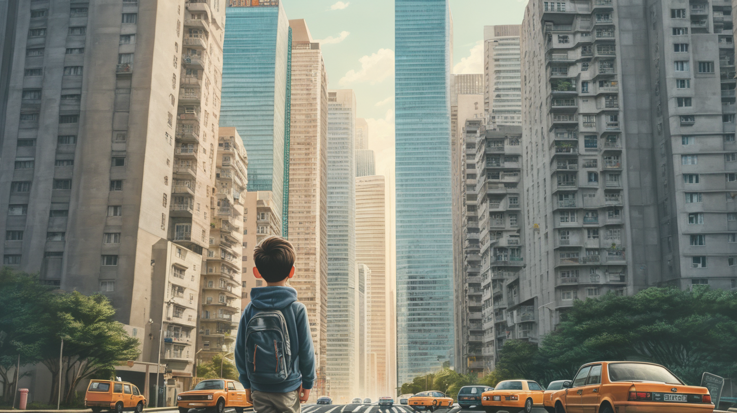 boy living in a big city with tall buildings and roads.