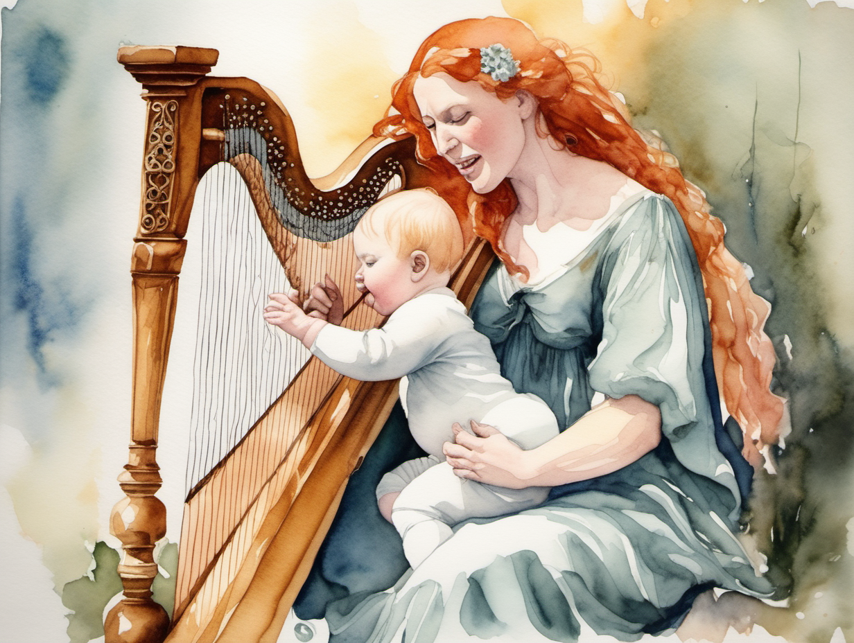 A water Colour painting of a redhaired godmother with a blond baby playing the harp

