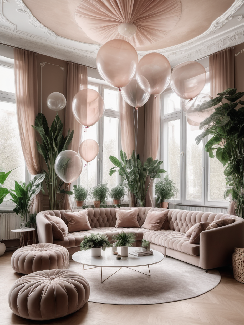 powdery classic interior with modern furniture, transparent balloons on the ceiling, plaster rosette in the center of the ceiling, large cappuccino-colored sofa, many tall plants behind the sofa, light herringbone parquet, 
