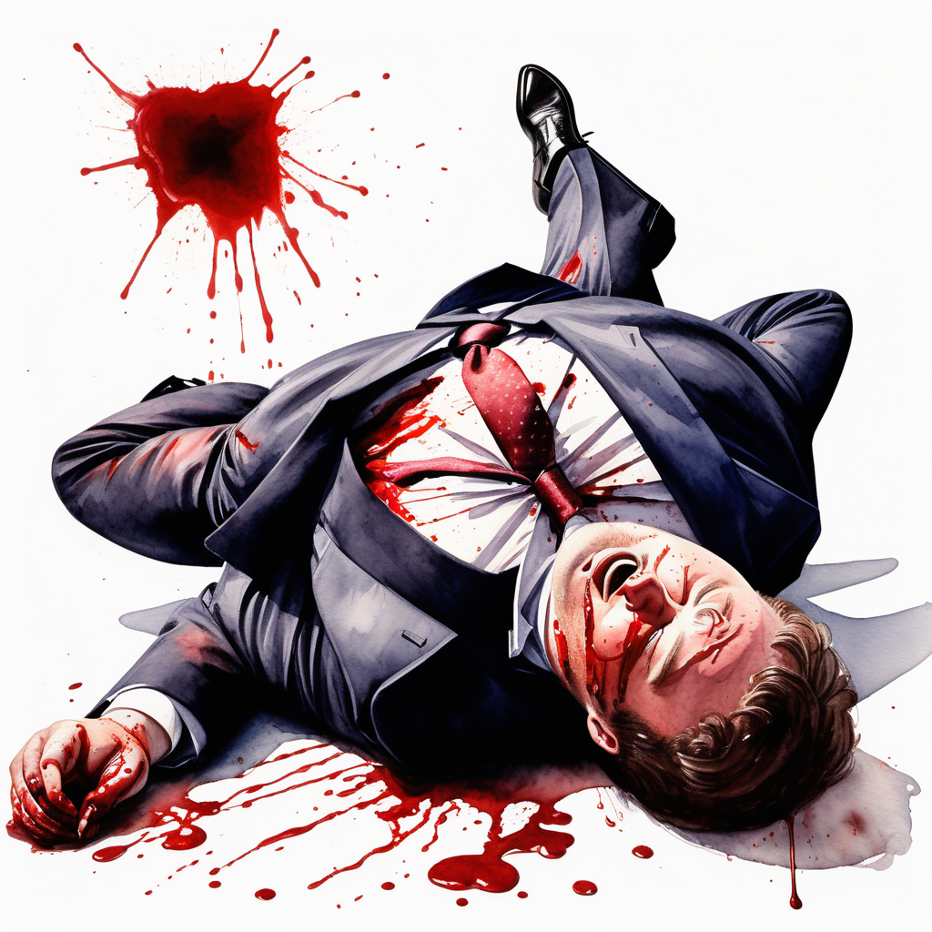 fat man in suit and tie lying on his back, seen from the side, covered in blood and choking, image based in watercolor paint art.