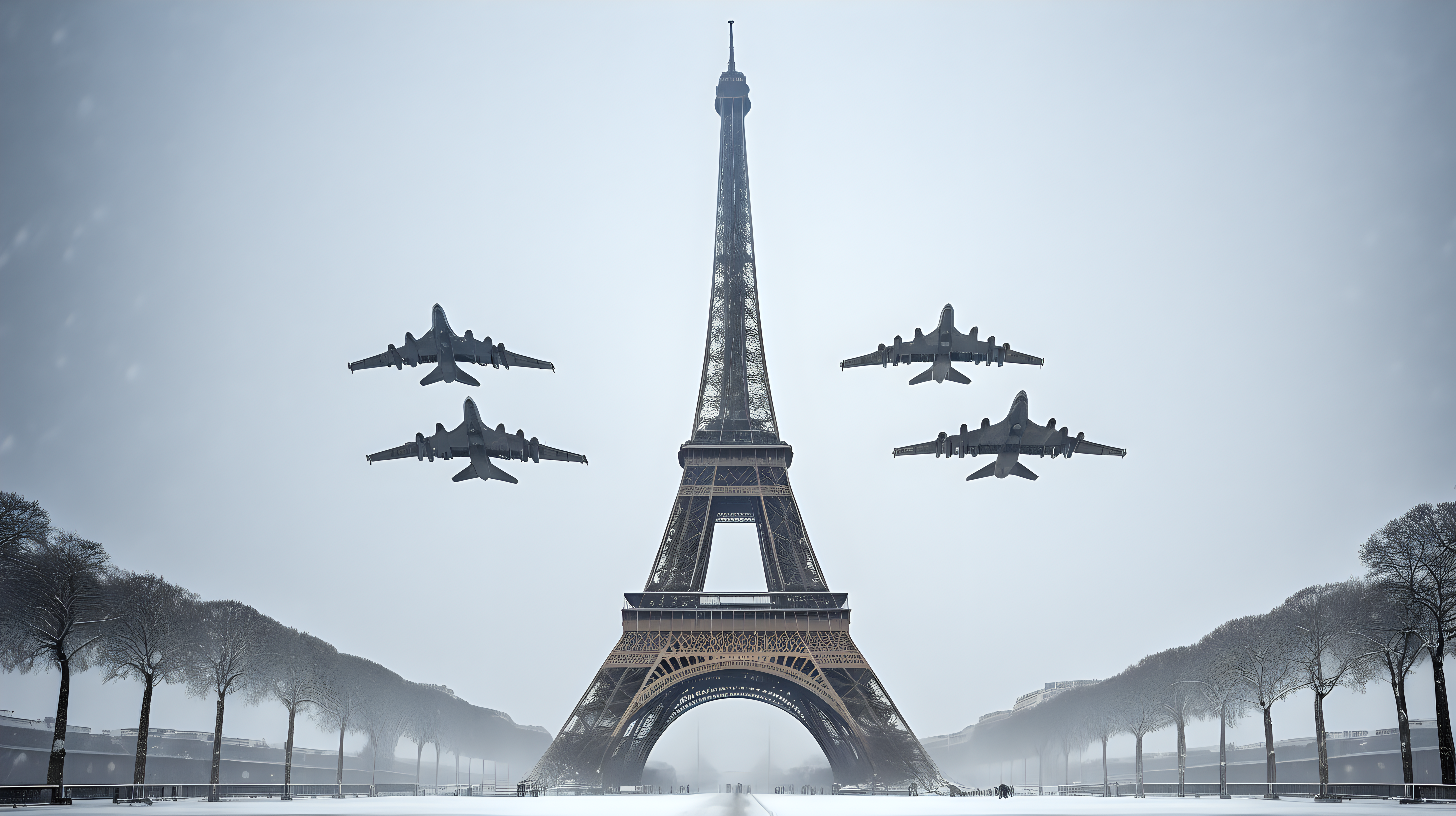Eiffel tower in winter snow storm with 3 stealth bombers flying overhead