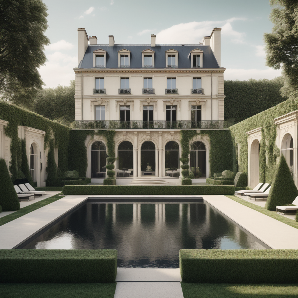 hyperrealistic image of a modern parisian estate pool; lush sprawling lawn and gardens; beige, ivory and black;
