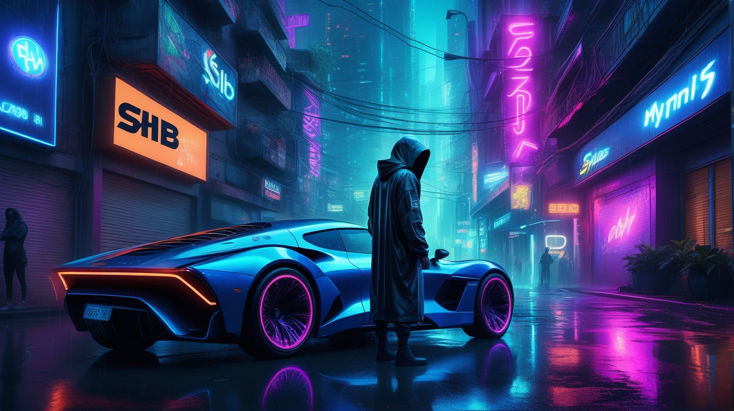 "A hyper-realistic photograph depicts a cyberpunk rendition of a future metropolis at night. The scene centers on a hooded figure, exuding an aura of mystery, standing by a futuristic sports car that gleams with metallic hues under the ambient neon lights. Above in the dense urban jungle, neon signs cut through the misty air, with the word 'SHIB' prominently displayed, signifying the cryptocurrency's integration into the fabric of society. The rain-slicked streets reflect the myriad of neon, including the bright 'SHIB' logos that illuminate the surroundings with a cool electric blue, adding depth and brilliance to this nocturnal urban landscape."
